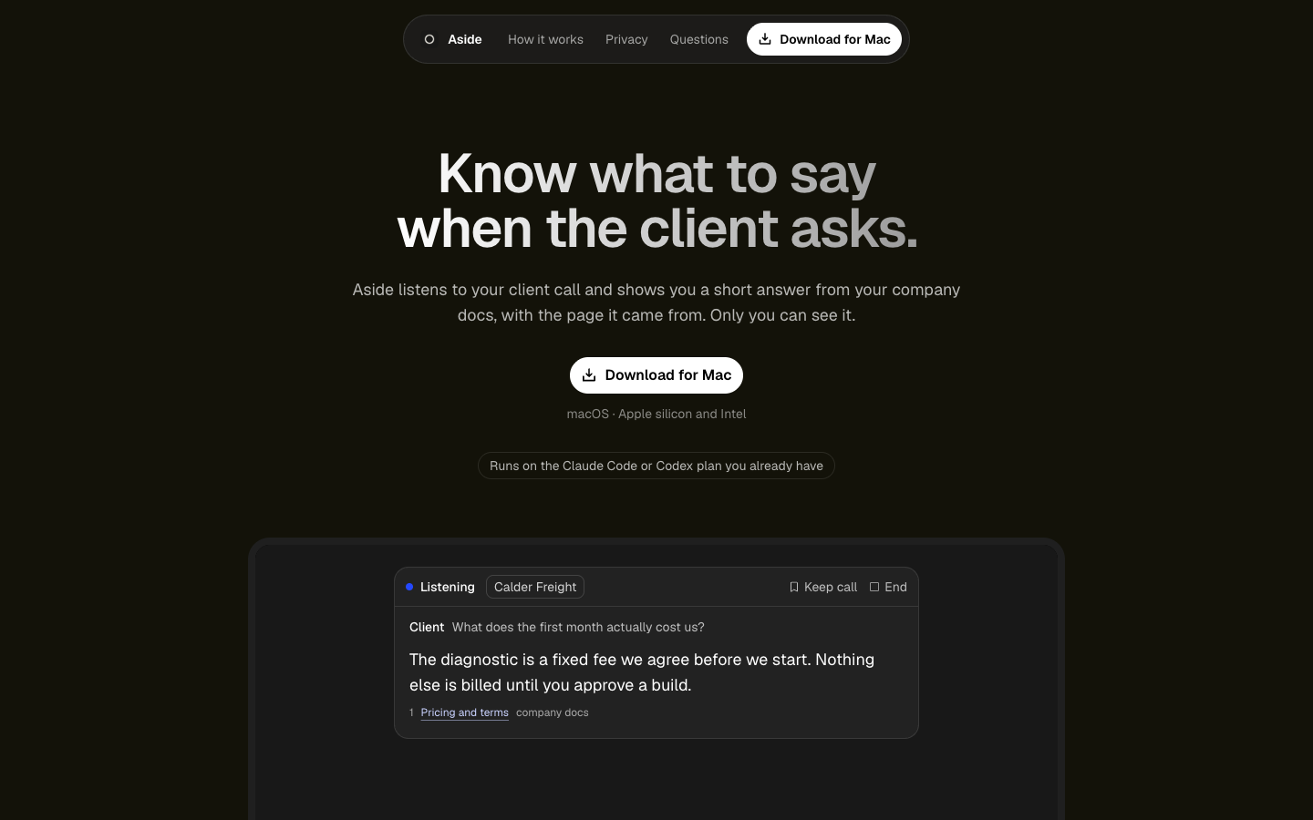 The Aside site, with an example call and a suggested answer in the overlay