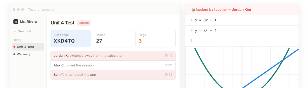 The DesmosLock teacher console beside a student's locked Desmos calculator
