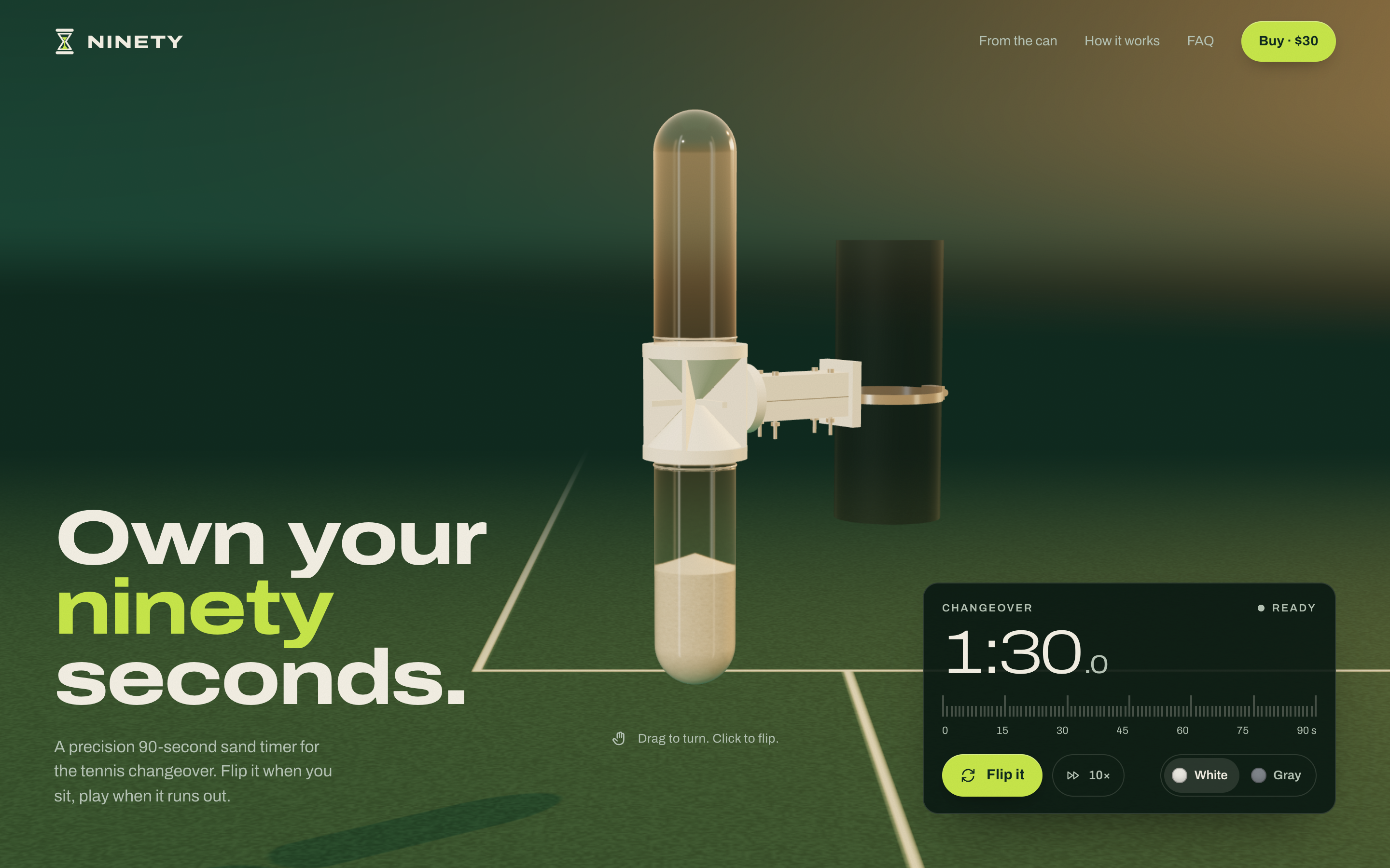 The live Ninety site, with a 3D sand clock and a 1:30 changeover timer