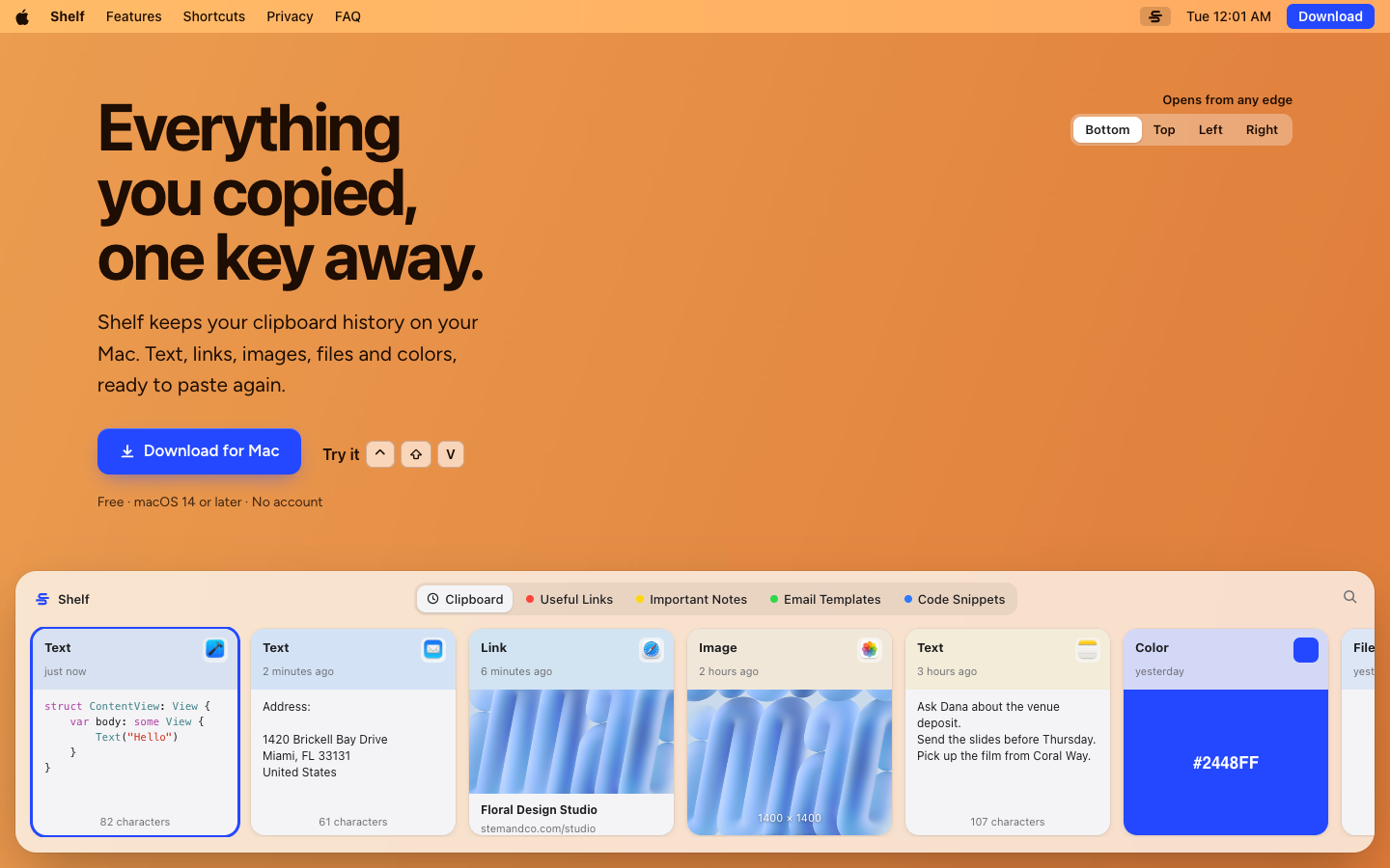 The Shelf site, with a row of copied items in the shelf